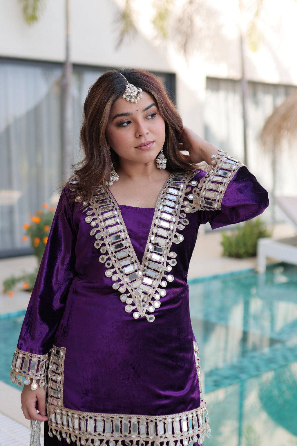 Vedant Vastram Heavy Velvet Embroidery & Mirror Work Stitched Ethnic Palazzo Set-Purple