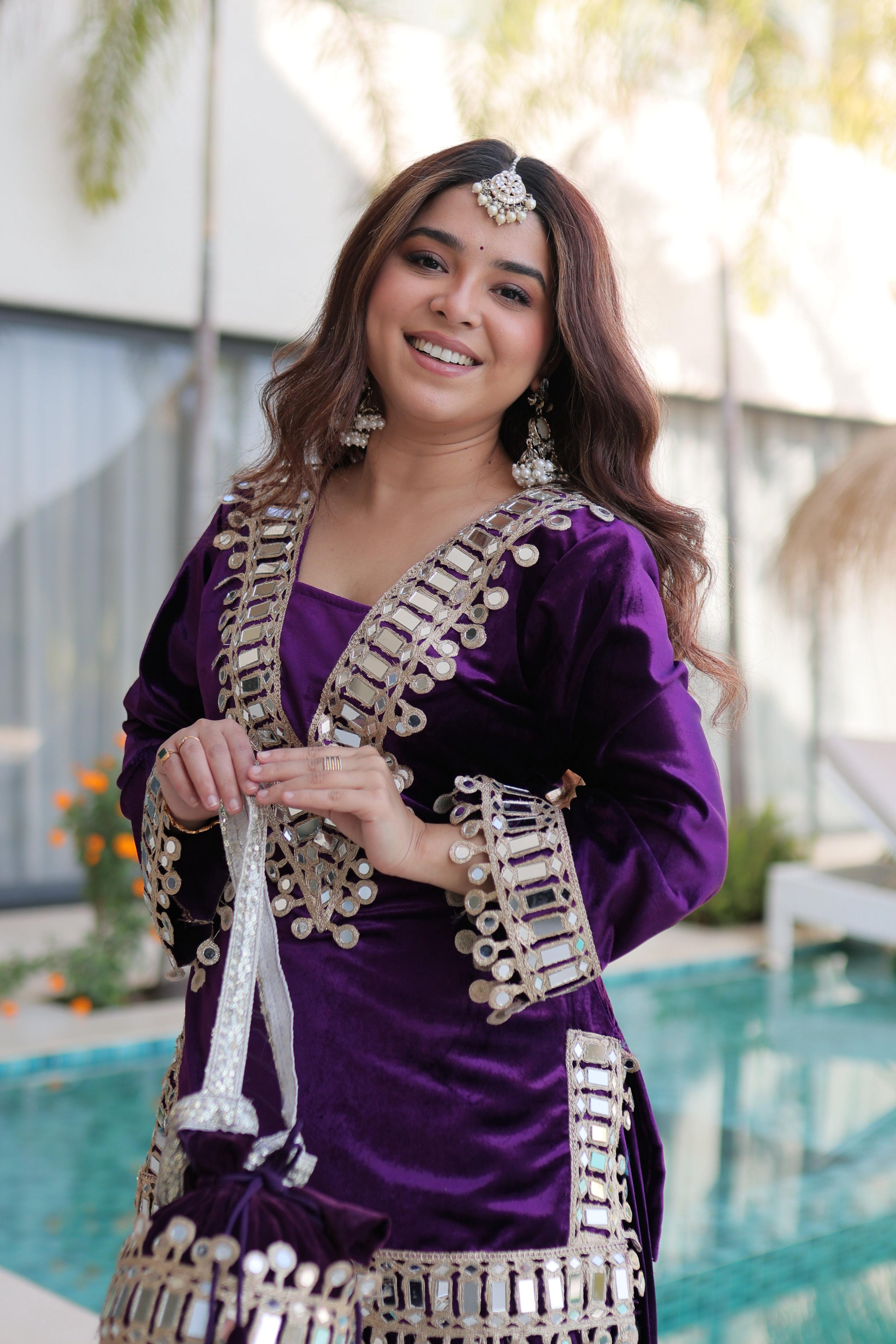 Vedant Vastram Heavy Velvet Embroidery & Mirror Work Stitched Ethnic Palazzo Set-Purple