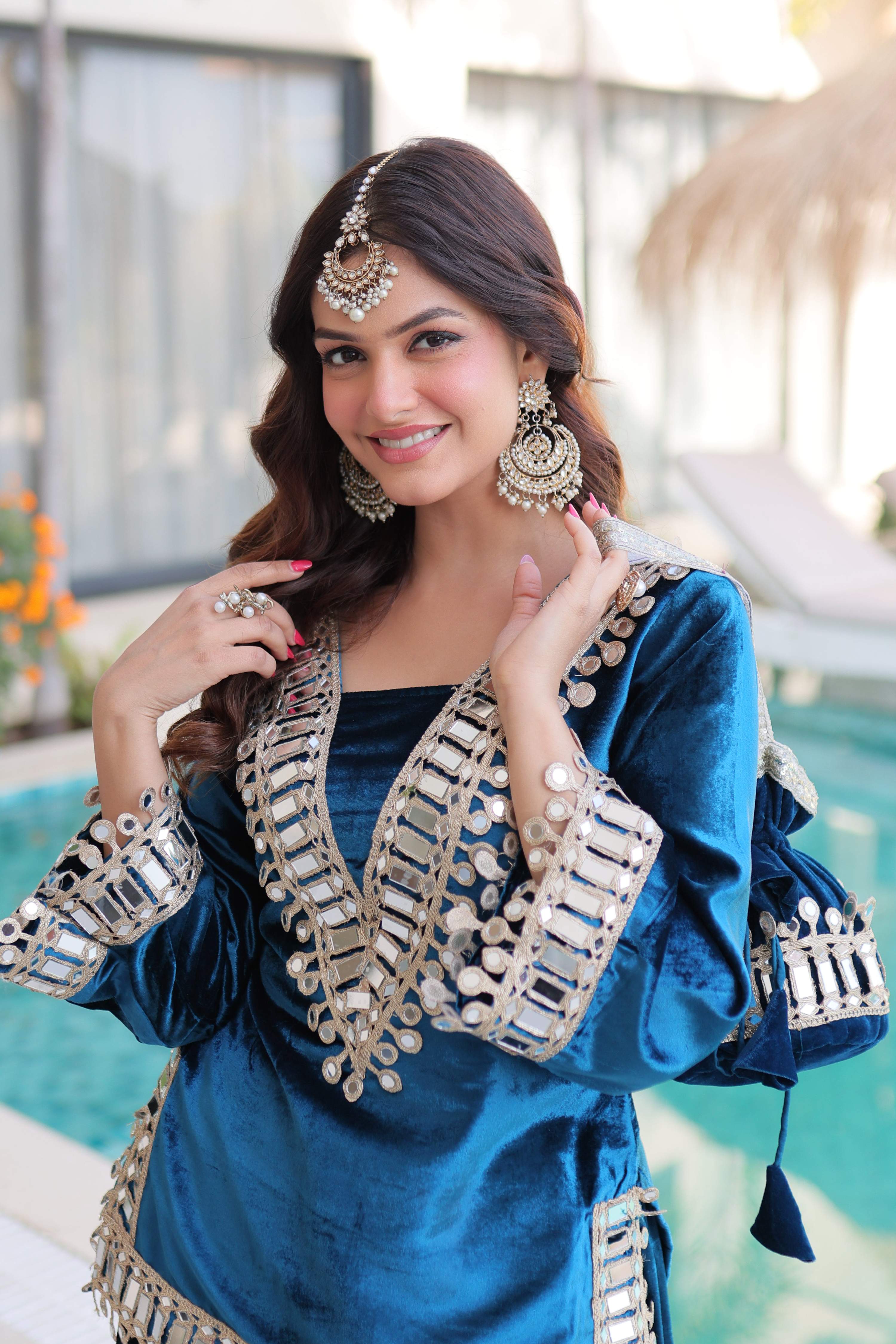 Vedant Vastram Heavy Velvet Embroidery & Mirror Work Stitched Ethnic Palazzo Set-Rama