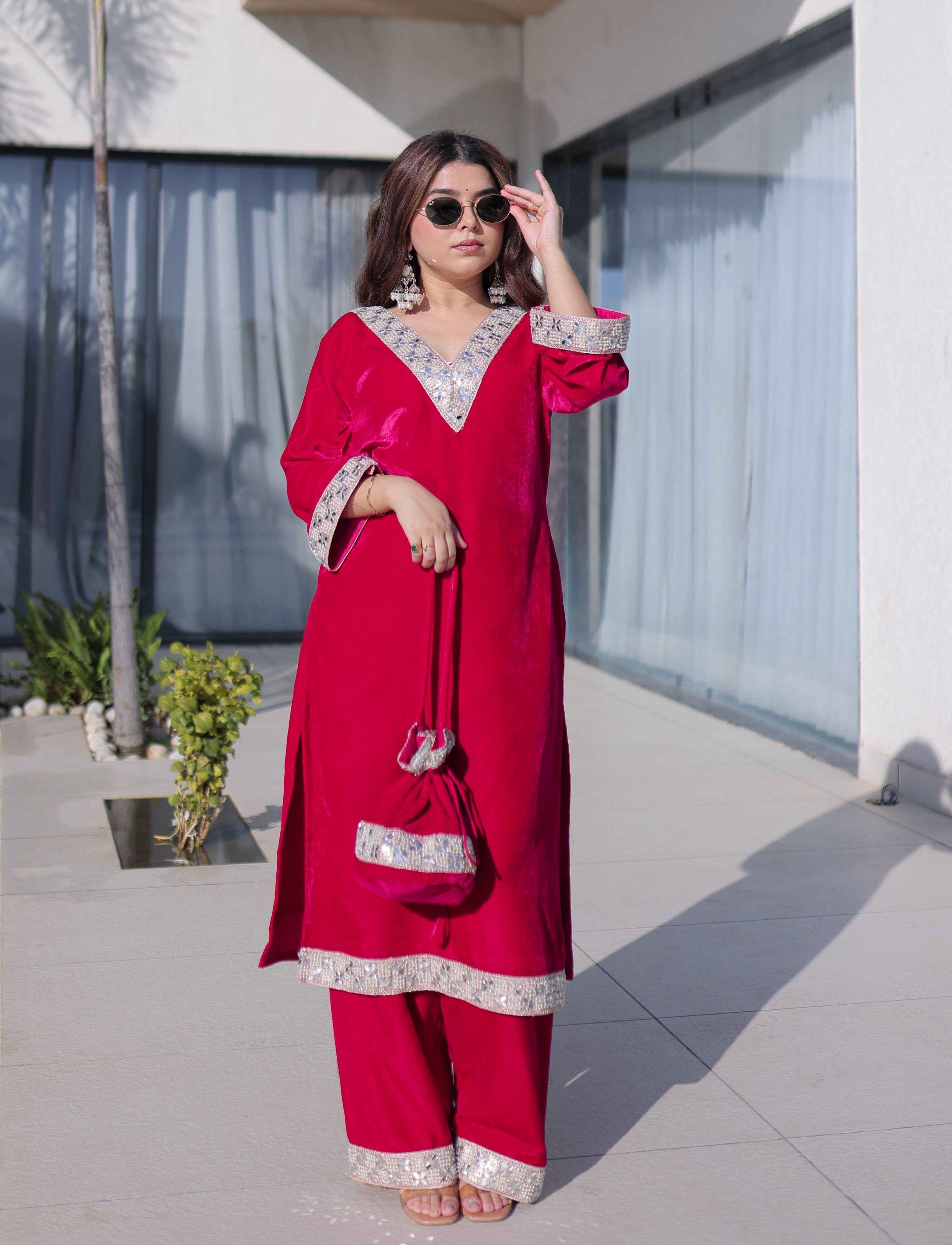 Vedant Vastram Heavy Velvet Embroidery & Mirror Work Stitched Salwar Suit Set-Pink