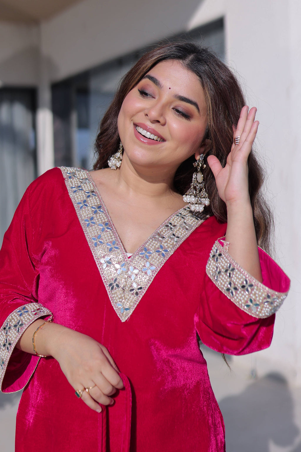 Vedant Vastram Heavy Velvet Embroidery & Mirror Work Stitched Salwar Suit Set-Pink