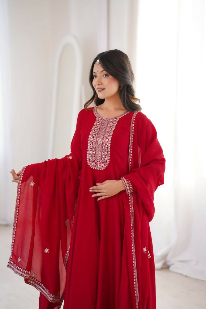 Lehenga Mart Designer Anarkali Suit With Kurta, Dupatta For Women-Dark Red