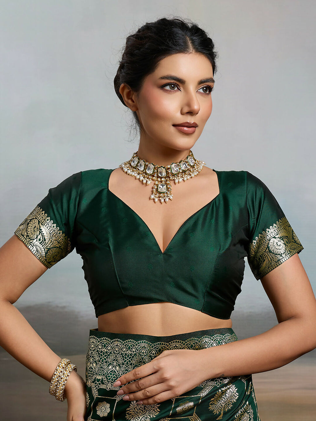 Shree Shyam Fashion Bottle Green Silk Blend Saree