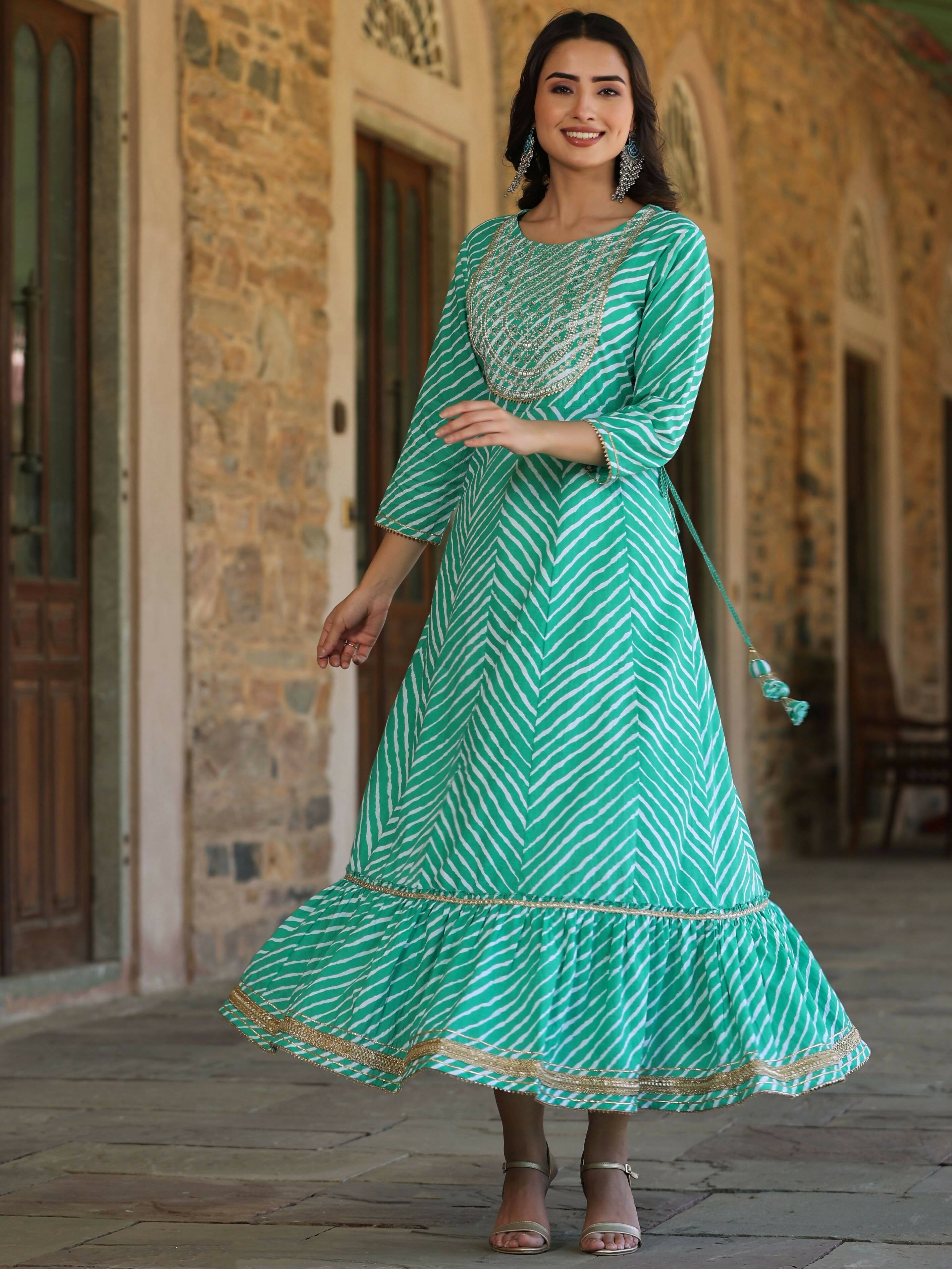 Juniper Women's Green Printed Embroidered Mirror Work Sequin Cotton Flared Dress