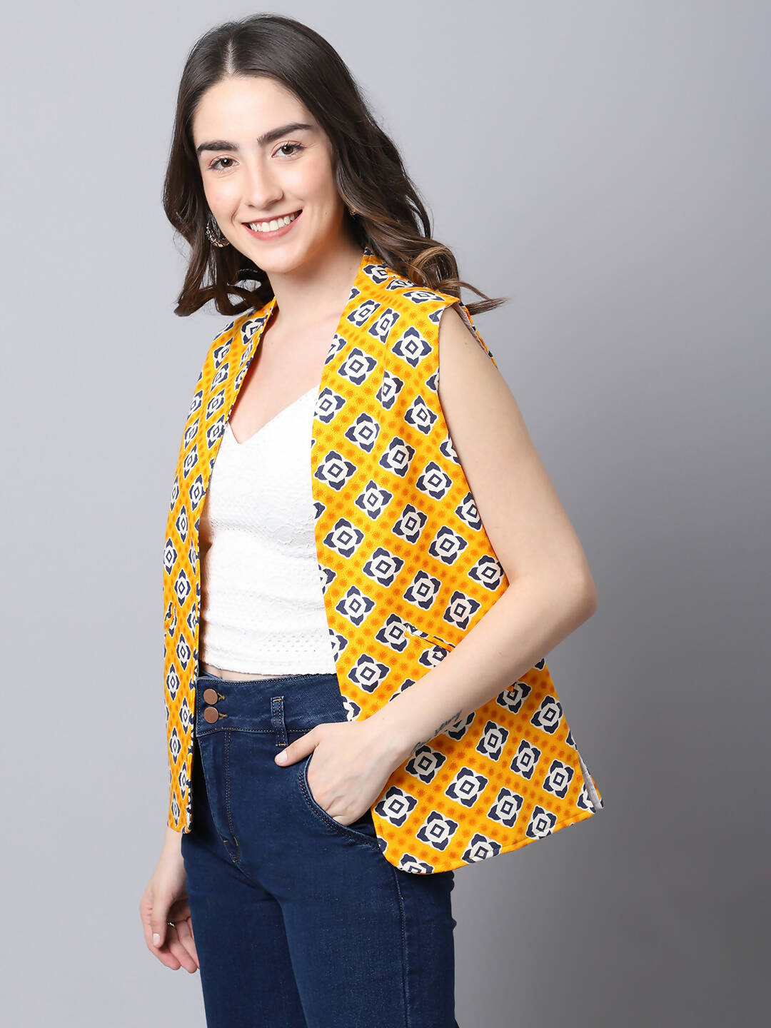 Even Apparels Yellow 100% Viscose Rayon Open Front Gillet