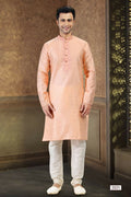 Raivat Ethnic Jacquard Banarasi Silk Thread Work Kurta Pajama In Peach Colour