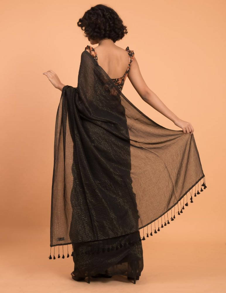 Suta Black Woven Zari Striped Pure Handloom Cotton Saree
