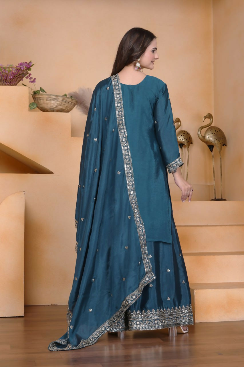 Joban Fashion Teal Crepe Embroidered Sharara Set