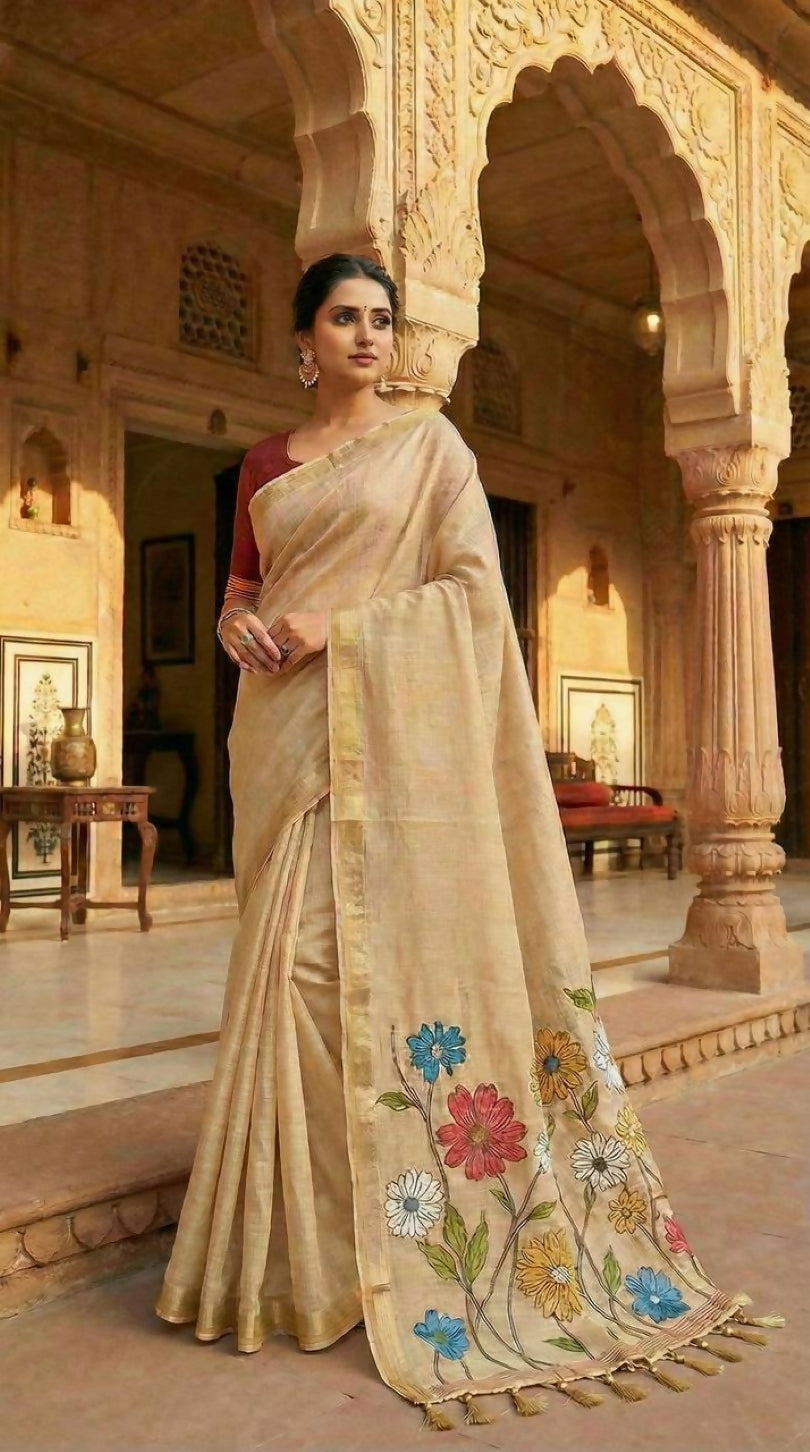 Vastranavya Cream Muga Cotton Meenakari & Azarakh Pallu Saree with Contrast Blouse