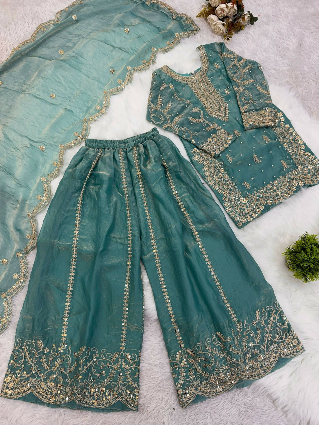 Teeya Creation Girls Heavy Embroidery Turquoise Ethnic Kurta And Palazzo Set With Net Dupatta