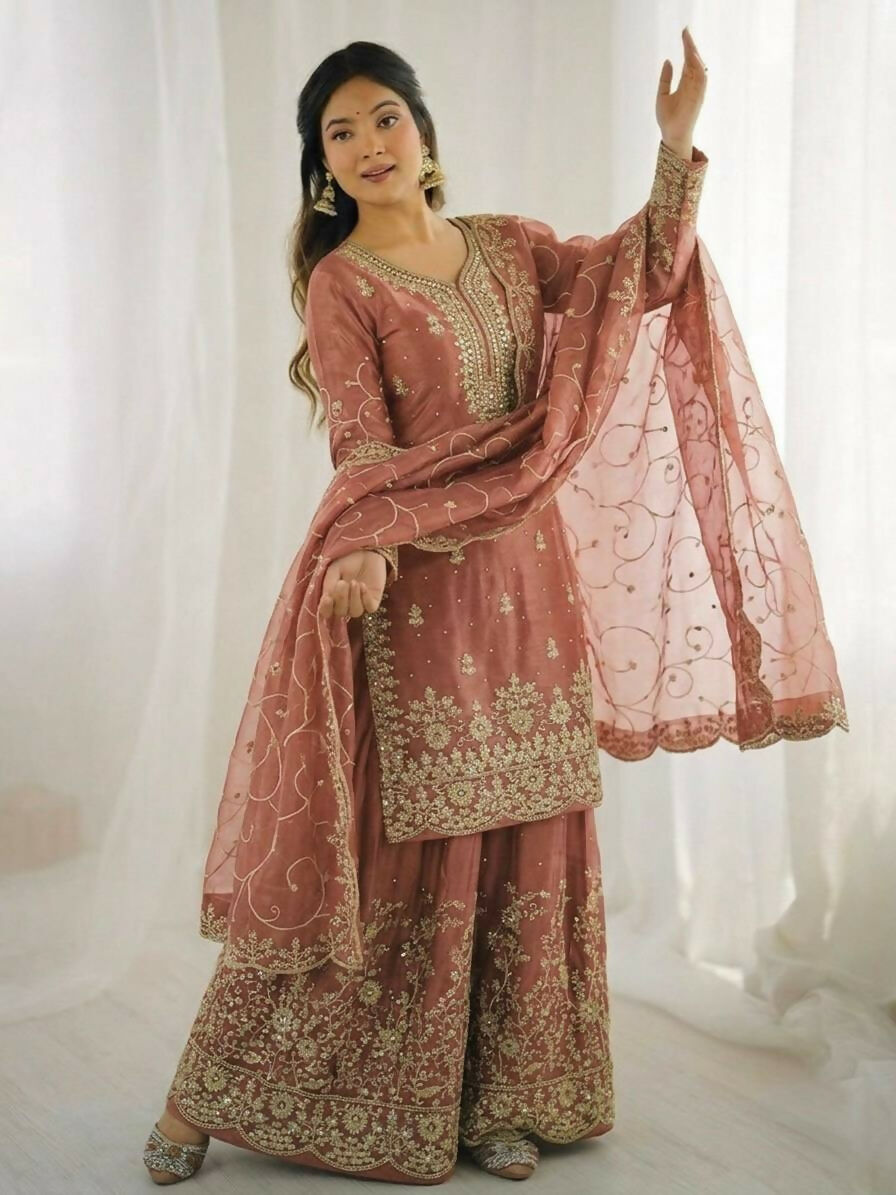 Teeya Creation Peach Color Gymmi Silk Embroidery Work Wedding Wear Sharara Set
