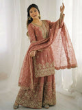 Teeya Creation Peach Color Gymmi Silk Embroidery Work Wedding Wear Sharara Set