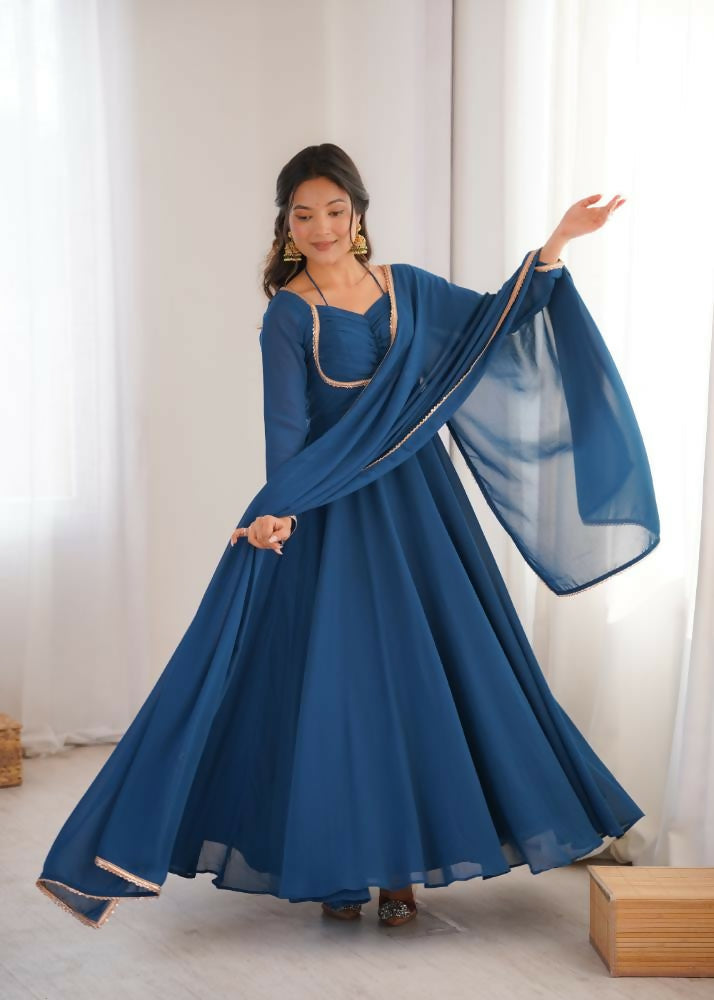 Lehenga Mart Designer Anarkali Suit With Kurta, Dupatta For Women-Teal Blue