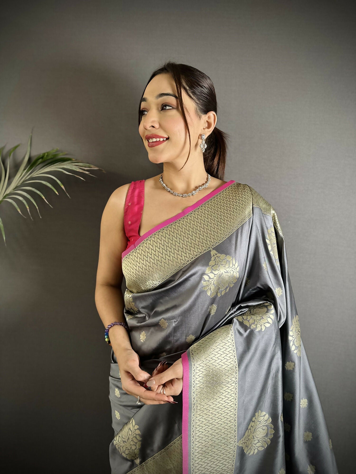 Joban Fashion Grey Woven Butti Soft Silk Banarasi Silk Saree