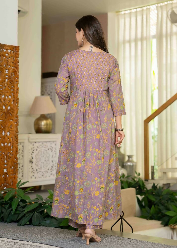 Jaimini Women Cotton Printed Round Neck 3/4 Sleeves Calf Length Flared Kurta Pant And Dupatta Set