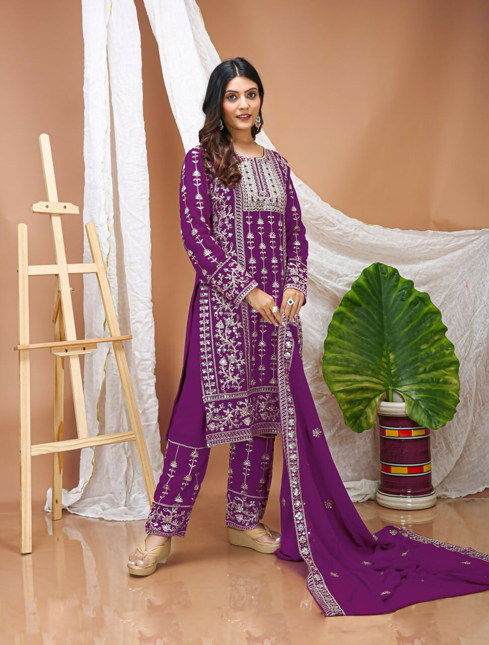 Teeya Creation Wine Faux Georgette Embroidery Work Wedding Wear Salwar Suit