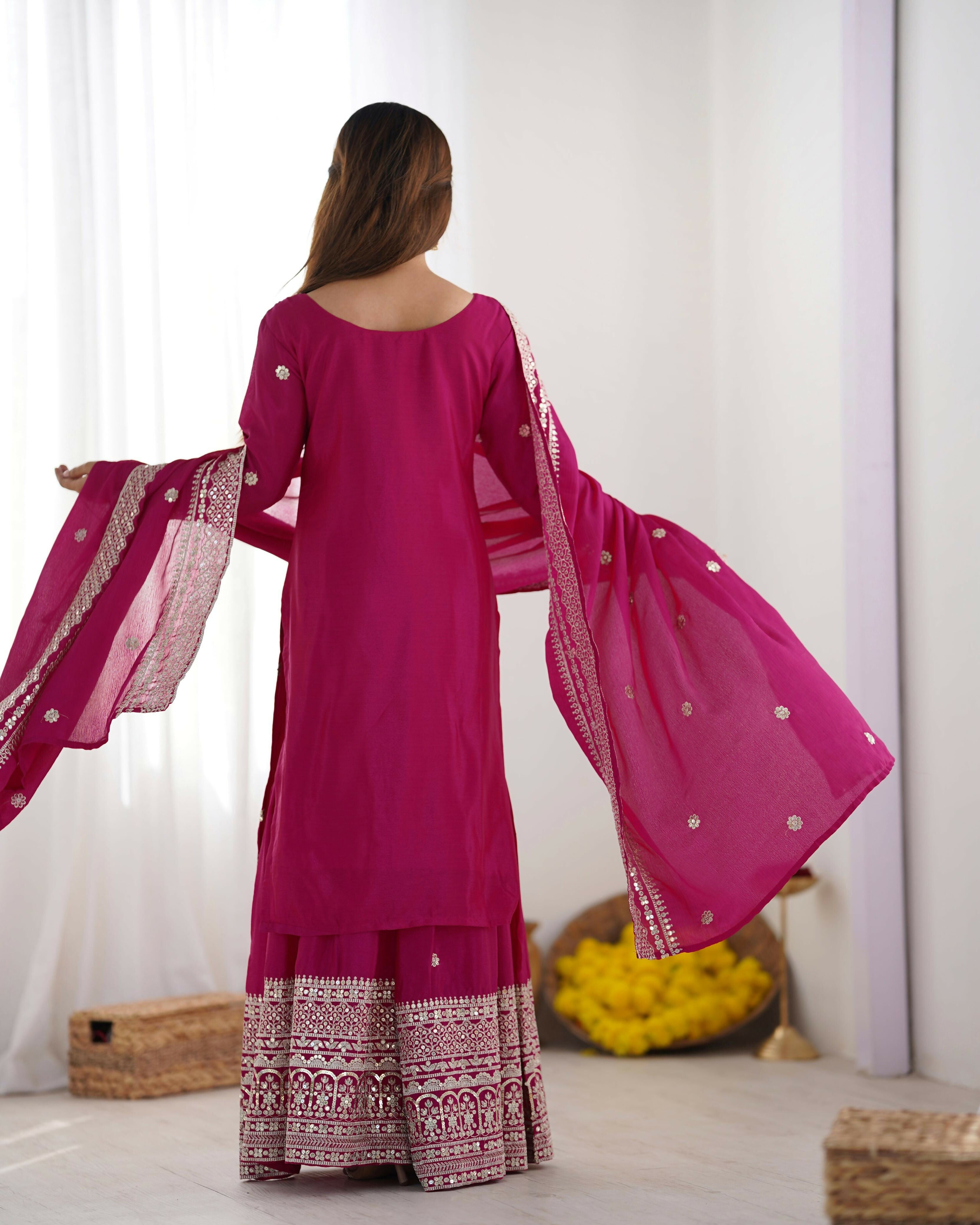 Joban Fashion Pink Kurta Set Silk Sequins , Zari, Coding & Thread Embroidered work