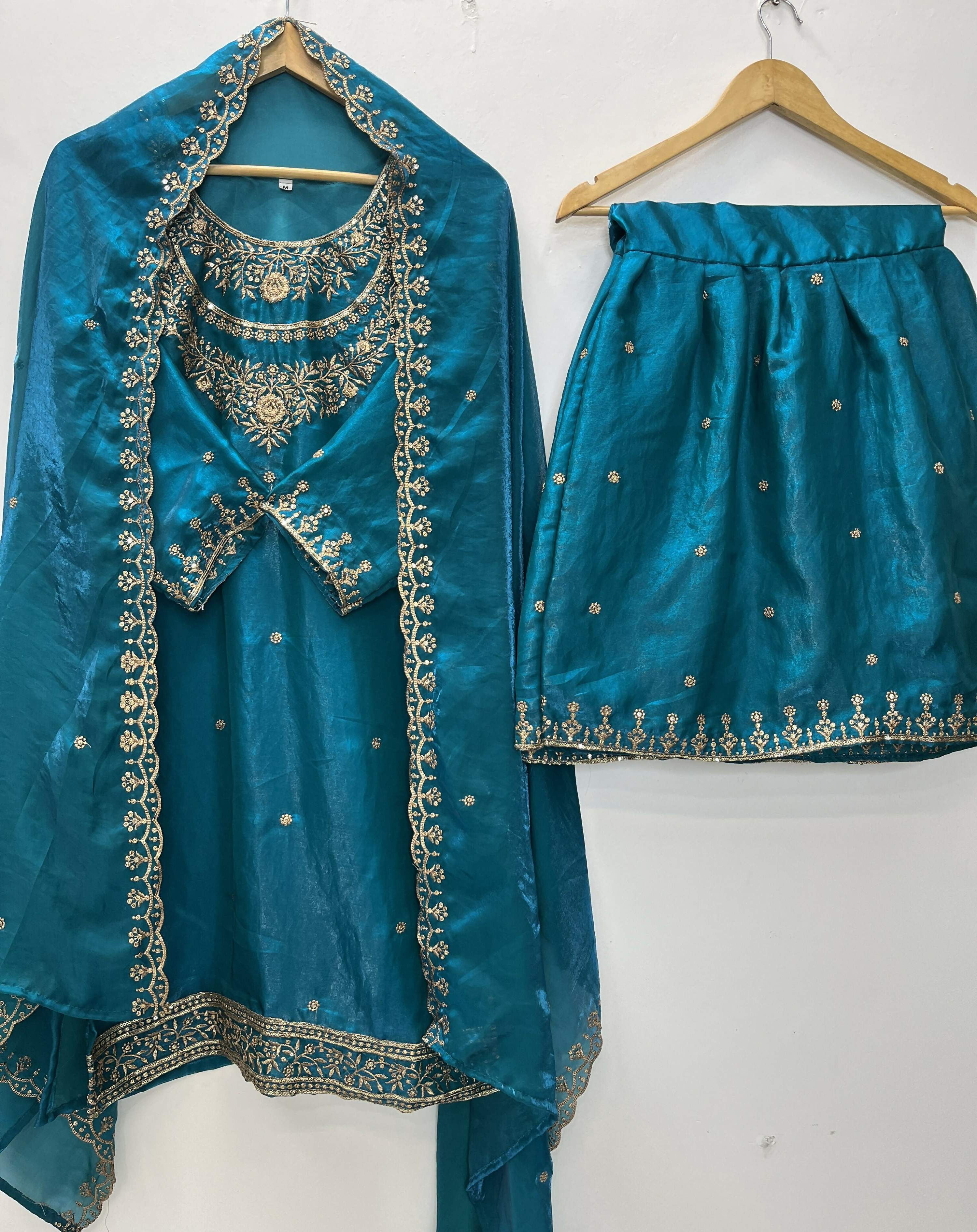 Teeya Creation Teal Color Fendy Satin Silk Heavy Embroidery Work Sharara Suit