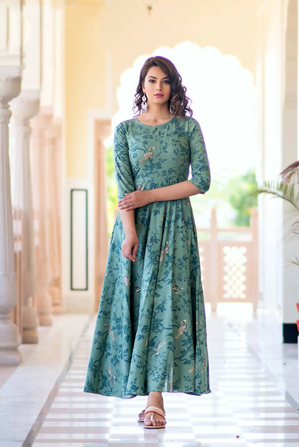 Partywear Designer Light Aqua Pure Maslin Gown - Anbazaar