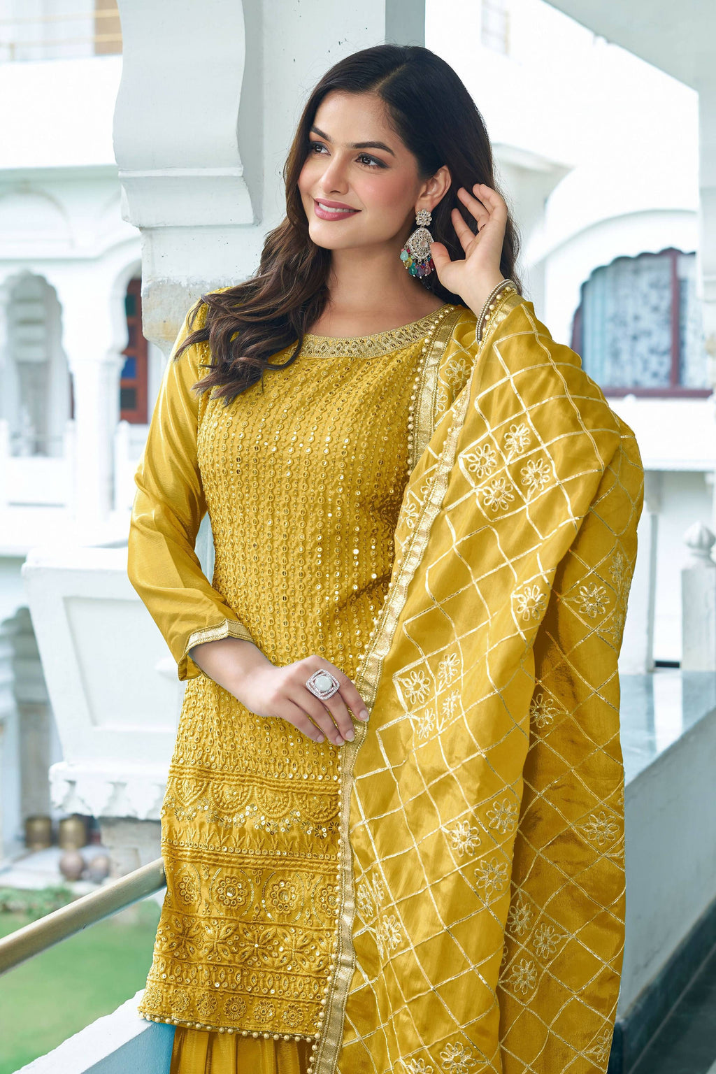 Joban Fashion Yellow Kurta Set Chinon Silk Embroidery Sequence Work