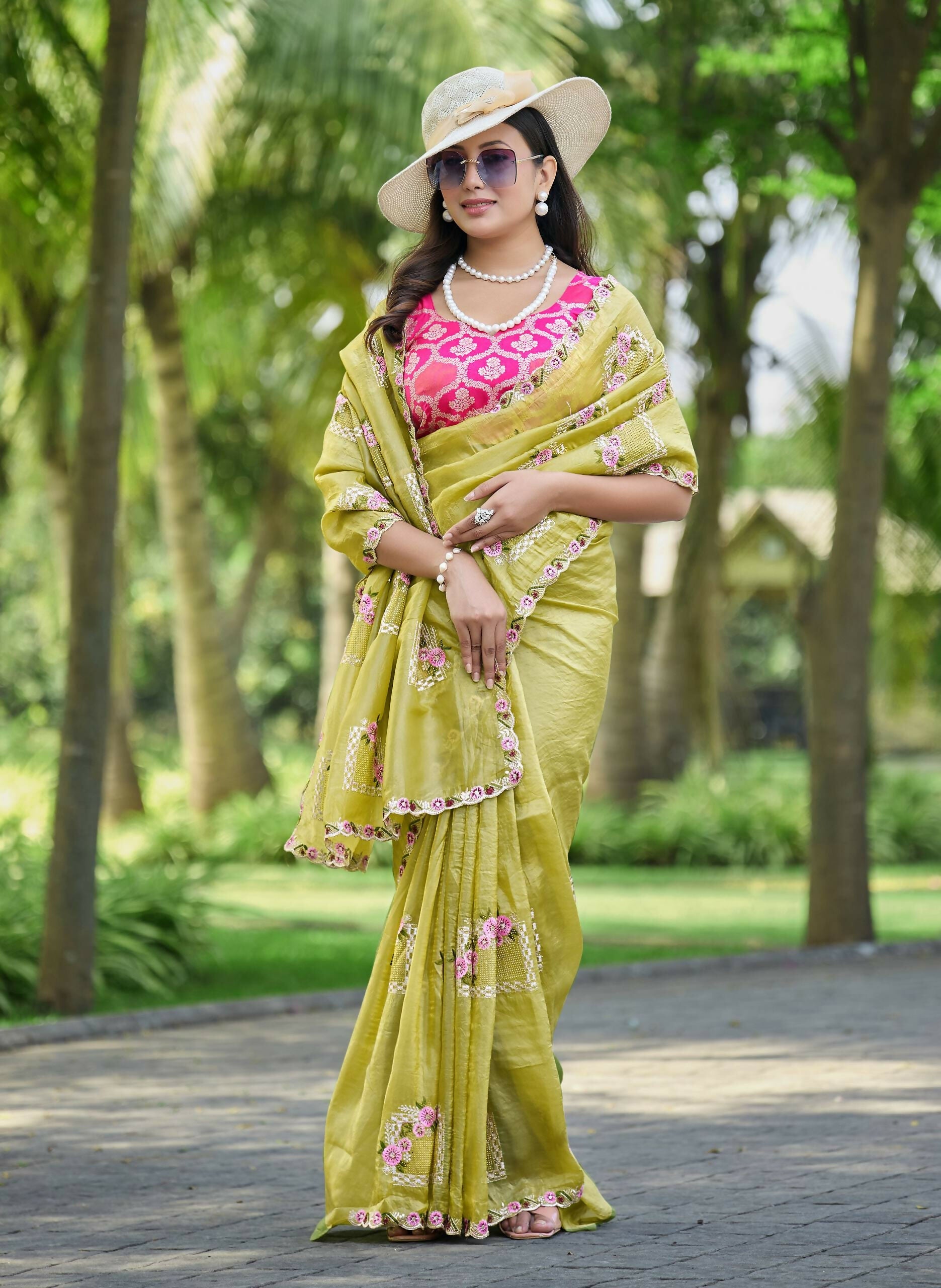 Teeya Creation Olive Color Pure Paper Silk Heavy Embroidery Work Wedding Wear Saree