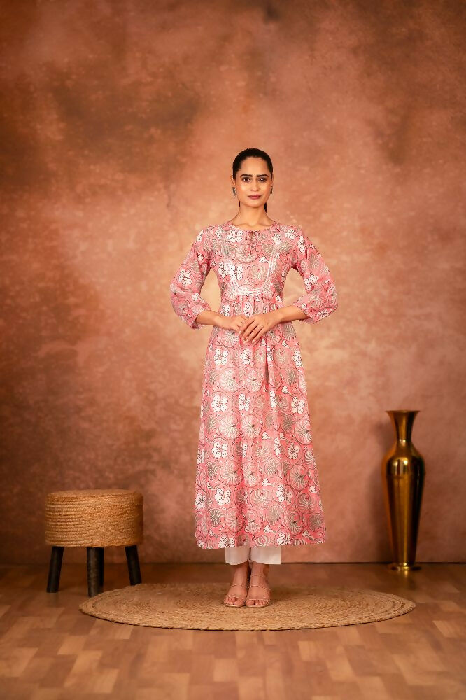Joban Fashion Pink Floral Hand Block Printed Cotton Kurta Pant Set
