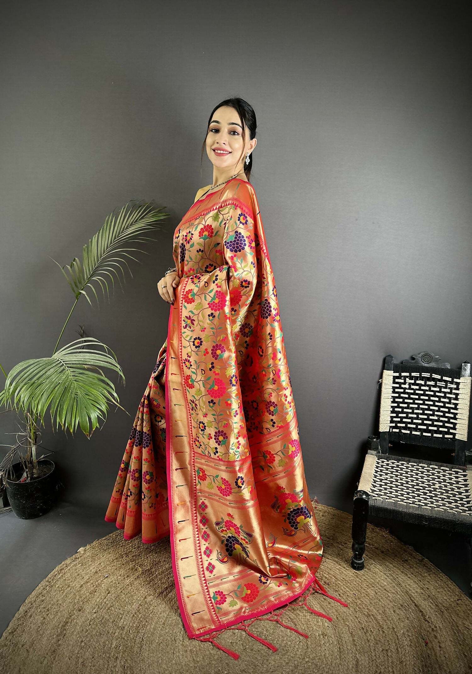 Joban Fashion Golden-Orange Intricate Floral & Leaf Soft Silk Paithani Saree