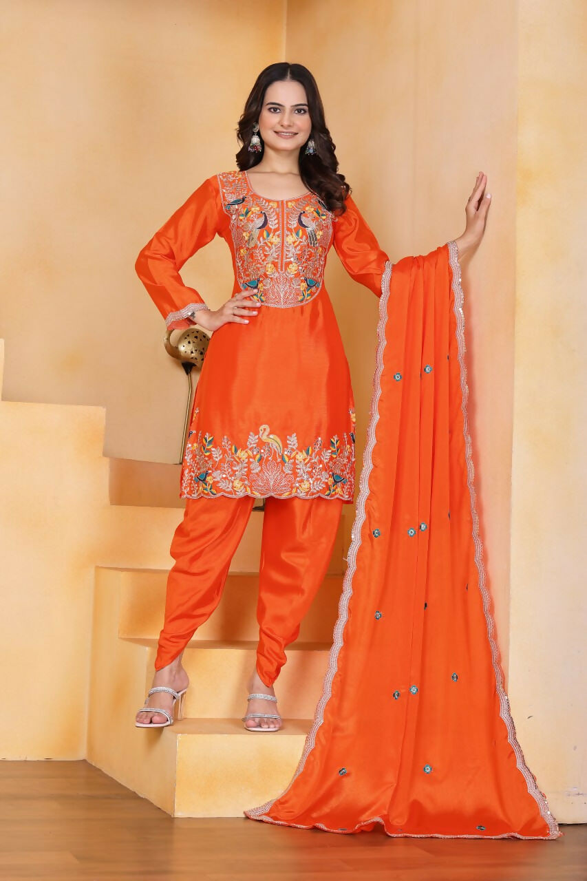 Joban Fashion Orange Silk Embroidered Dhoti Dhoti Set