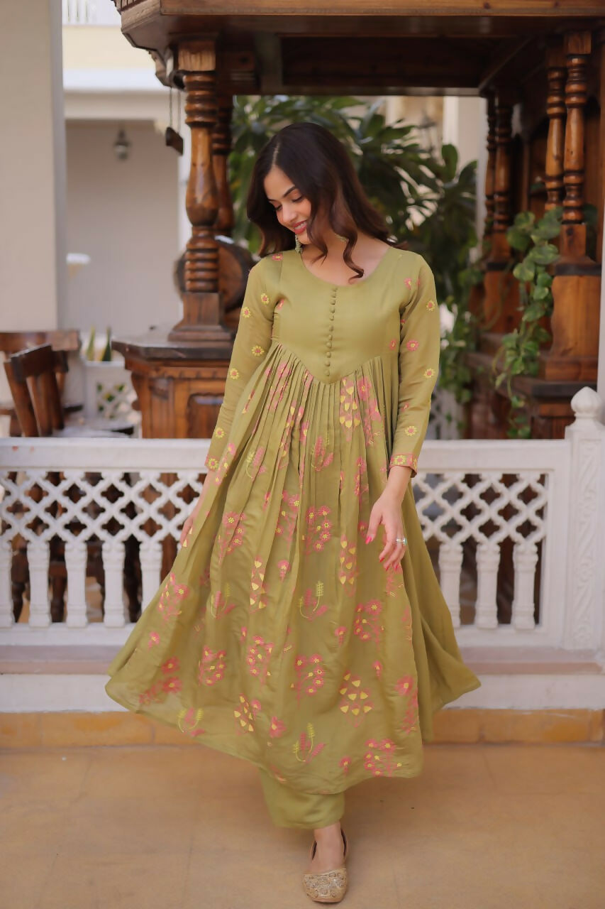 Teeya Creation Womens New Fancy Mul Chanderi With Embroidered Work Gown Set