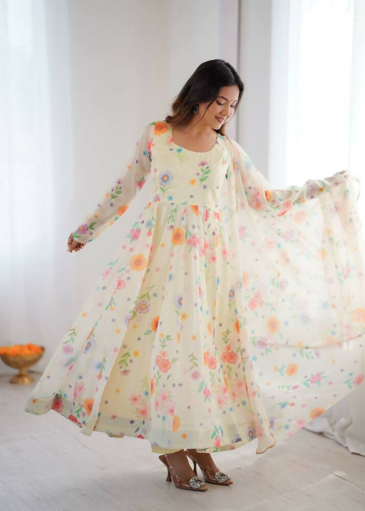 Teeya Creation Off White Soft Organza Digital Printed Party Wear Long Gown