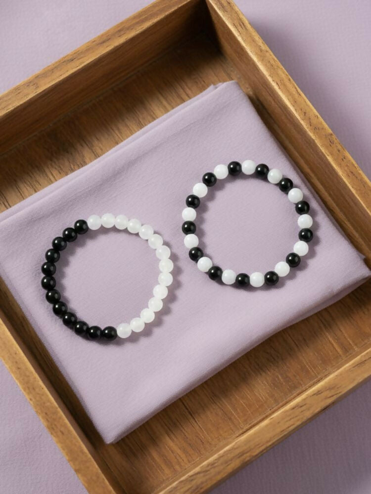 NVR Set of 2 Black & White crystal beaded Bracelet for Men & Women
