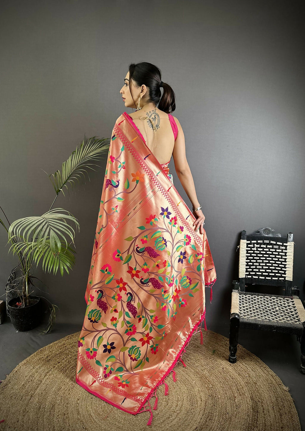 Joban Fashion Reddish Pink Peacock And Floral Soft Silk Paithani Saree