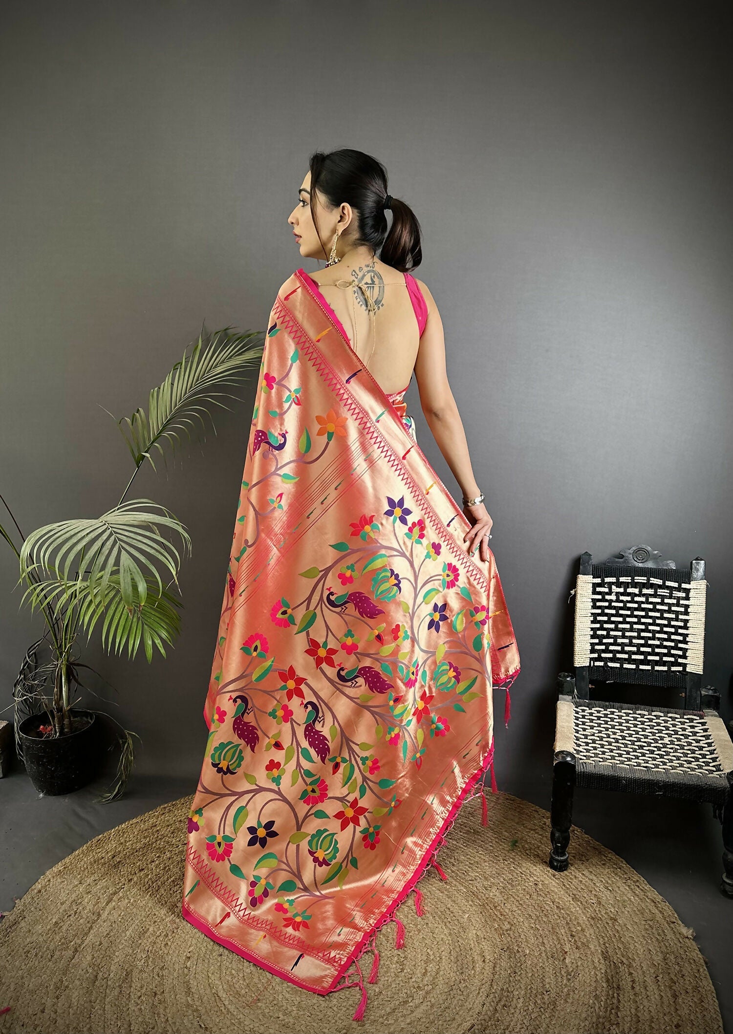 Joban Fashion Reddish Pink Peacock And Floral Soft Silk Paithani Saree
