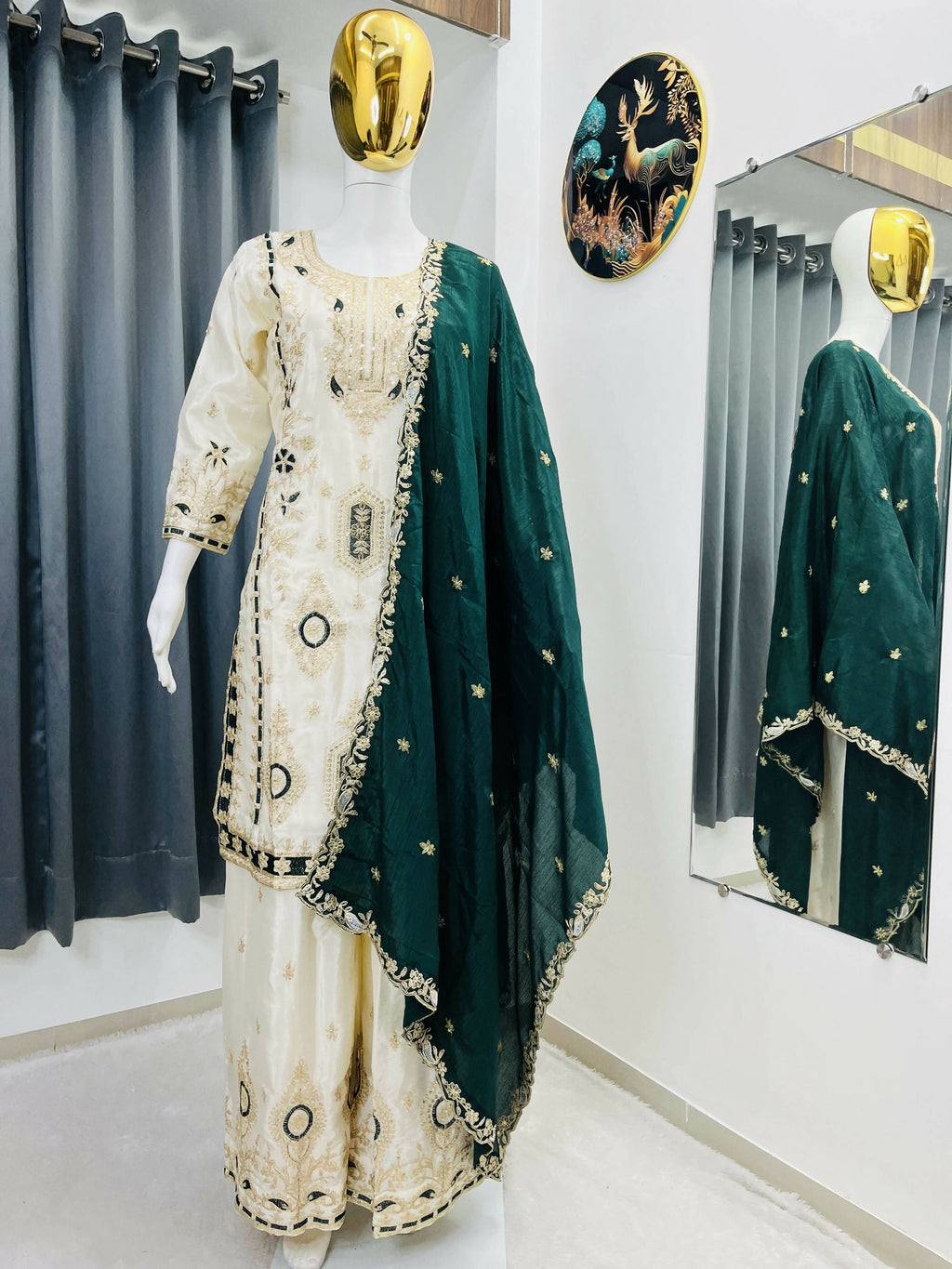 Teeya Creation Green Color Chinon Silk Party Wear Trending Palazzo Set
