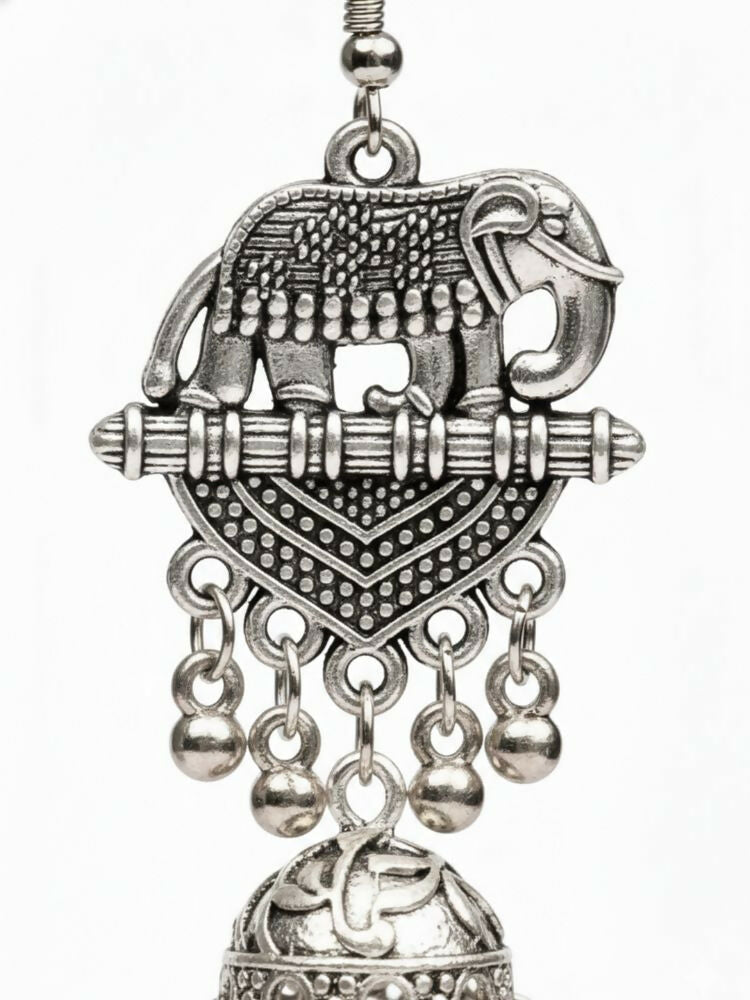 NVR Women Elephant Design German Silver Oxidised Jhumka Earrings