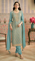 Anaita Sky Blue Viscose Lotus Shimmer Stitched Suit with Jacquard Work