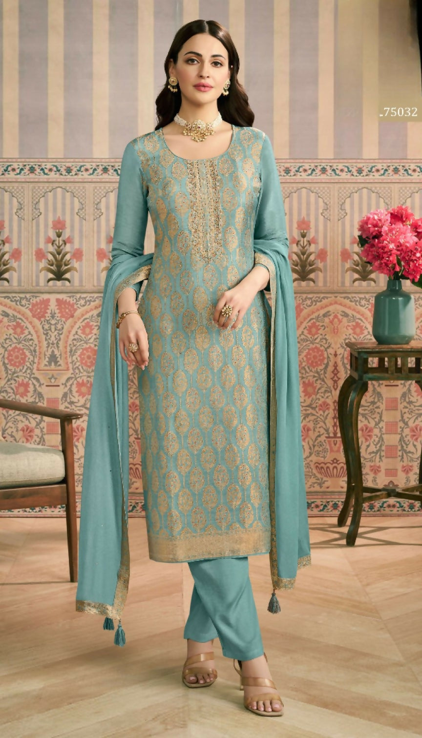 Anaita Sky Blue Viscose Lotus Shimmer Stitched Suit with Jacquard Work