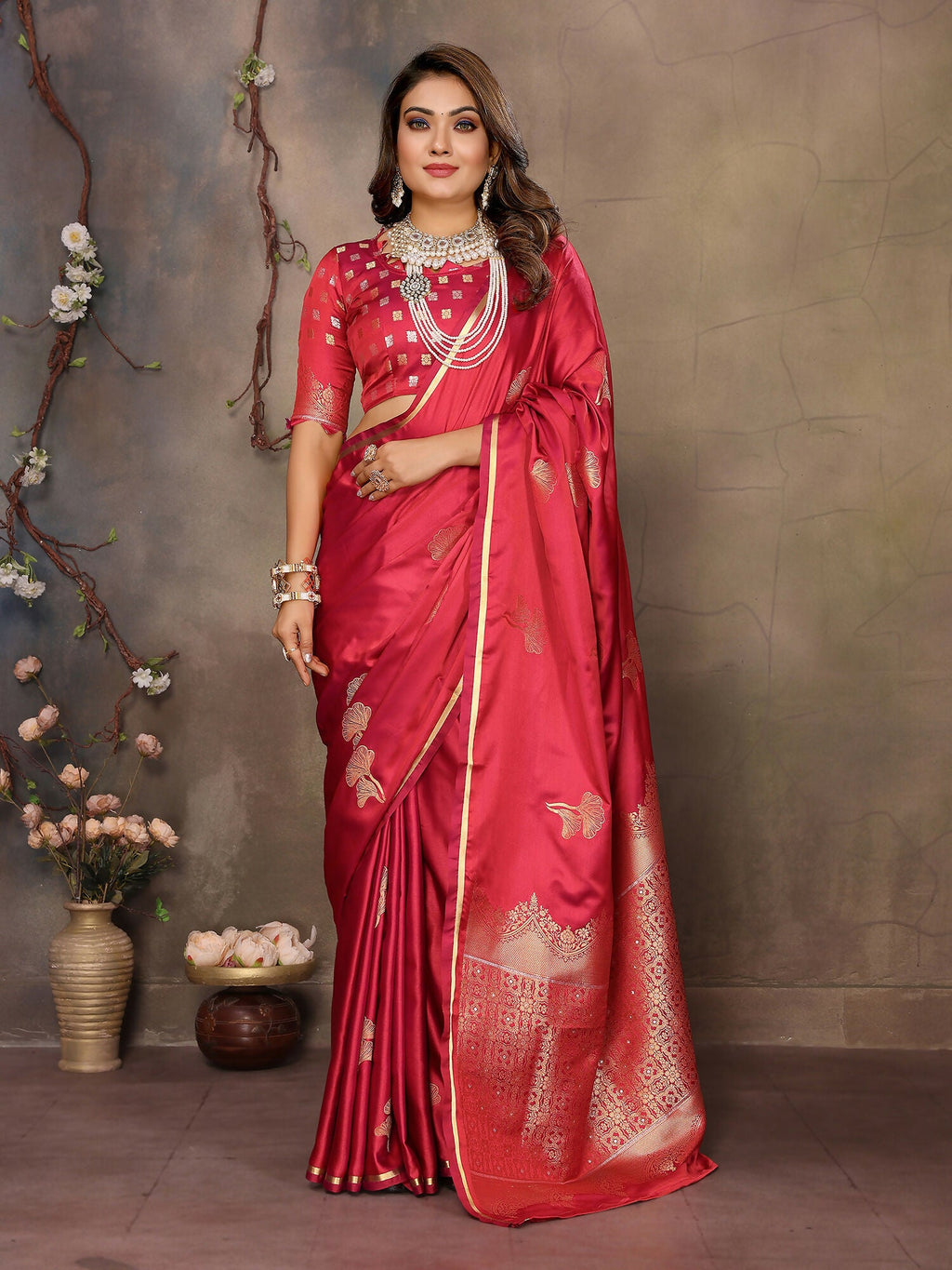 Joban Fashion  Brick Red Floral & Botanical Motifs Satin Silk Banarasi Silk Saree