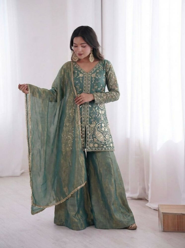 Teeya Creation Teal Color Fendy Silk Embroidery Work Wedding Wear Salwar Suit