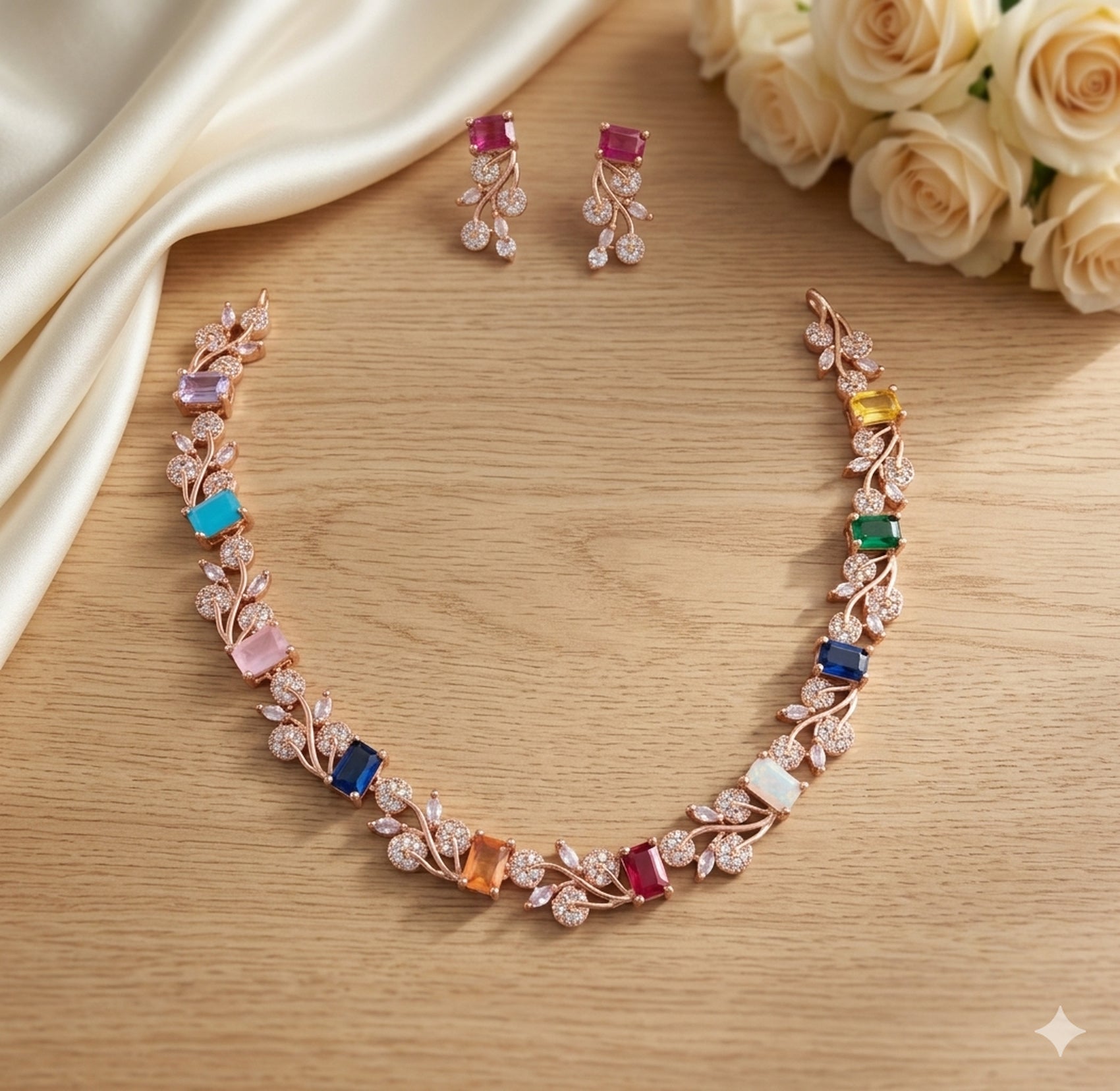 Jewel City Multi-Color Gemstone Floral Necklace Set - Handcrafted 18K Rose Gold Plated Jewellery for Weddings & Parties