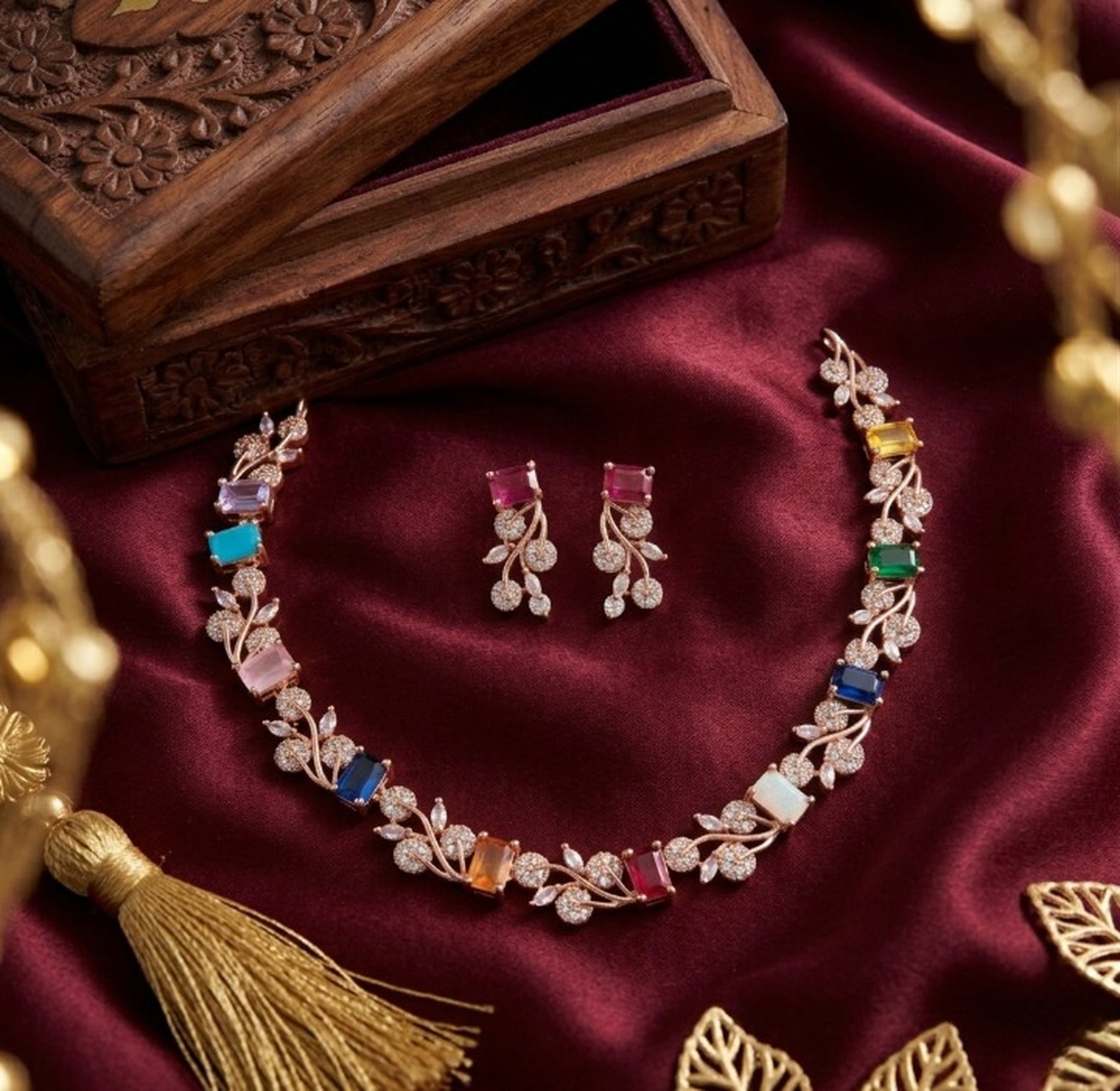Jewel City Multi-Color Gemstone Floral Necklace Set - Handcrafted 18K Rose Gold Plated Jewellery for Weddings & Parties