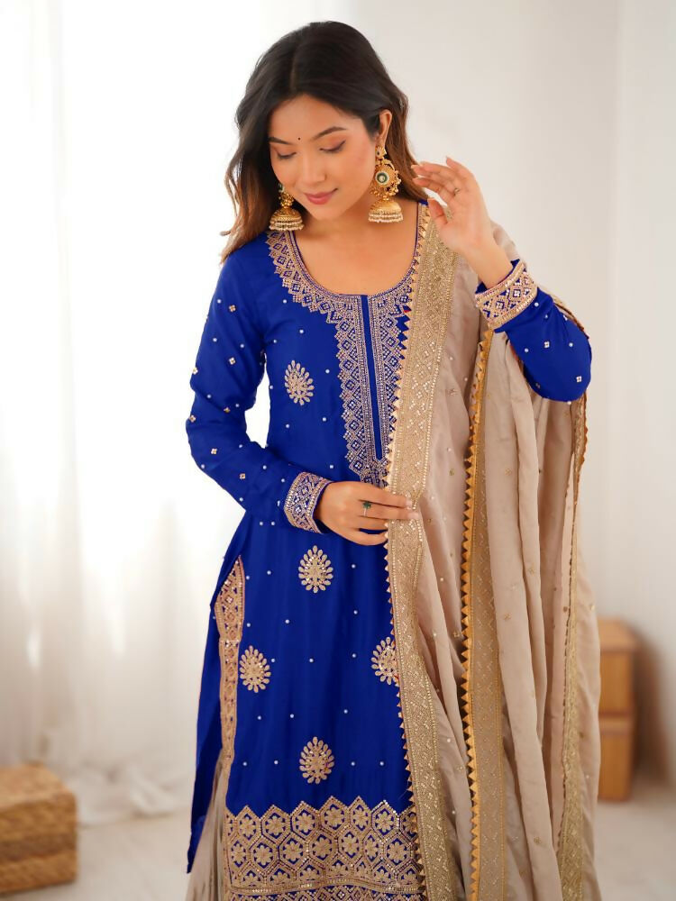 Lehenga Mart Designer Sharara Suit With Kurta, Sharara, Dupatta For Women-Blue