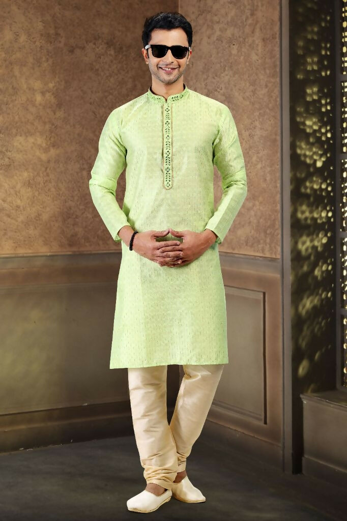 Raivat Ethnic Jacquard Art Silk Mirror and Thread Work Kurta Pajama In Pista Green Colour
