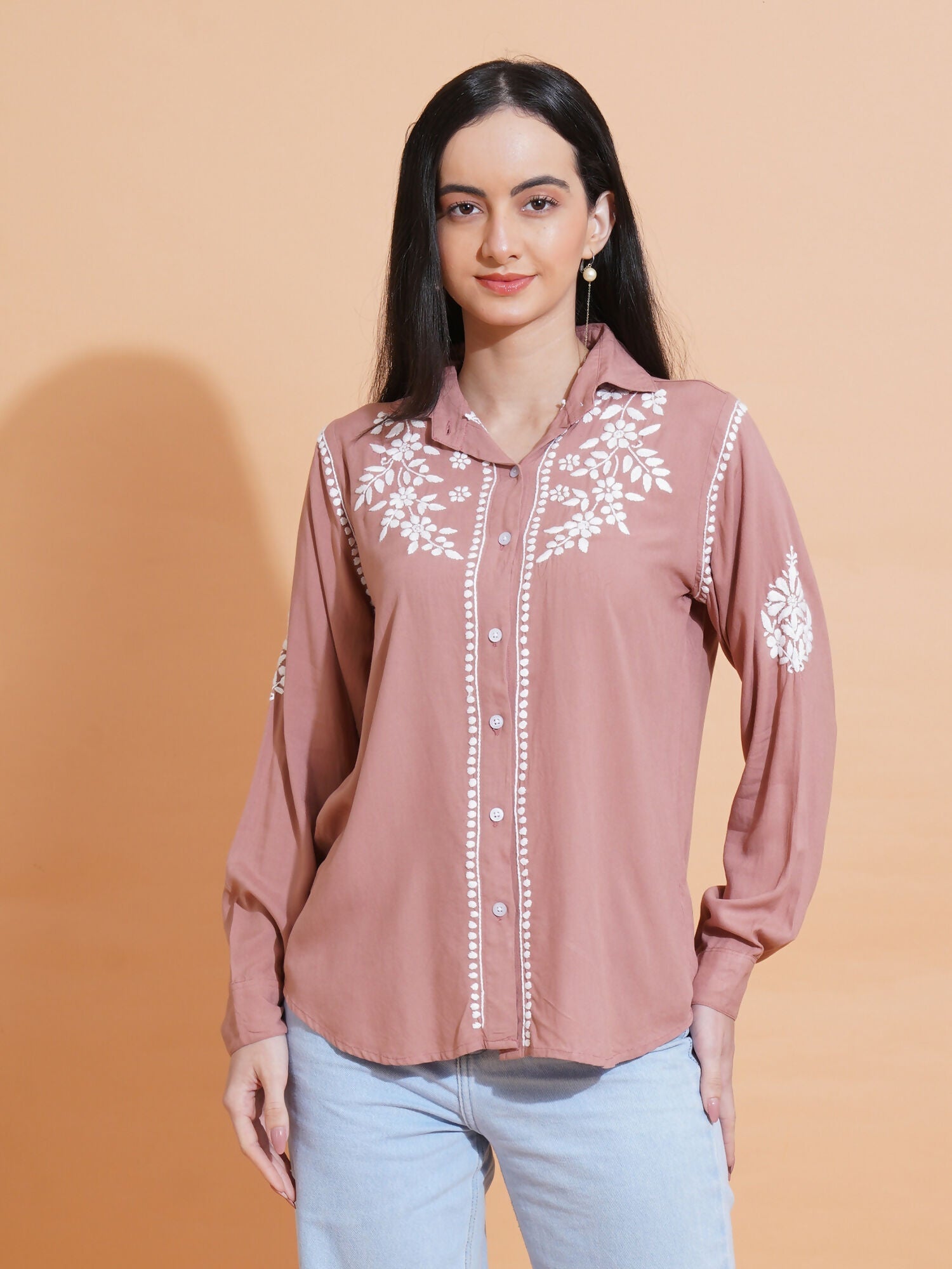 Pahnaz Modal Chikankari Handwork Shirt-Brown