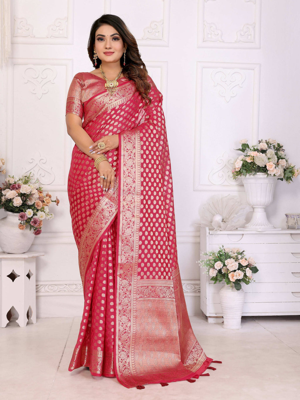 Aastha Fashion Magenta Organza Silk Weaving Saree