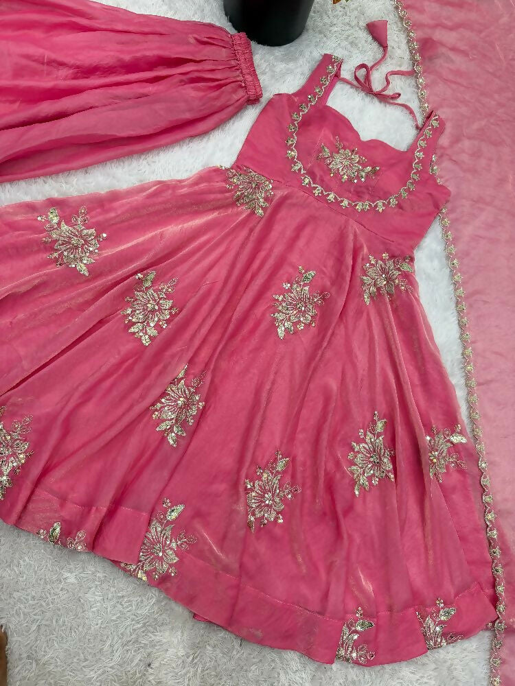 Teeya Creation New Womens Trendy Embroidery Sequence Work Pink Kurta Set