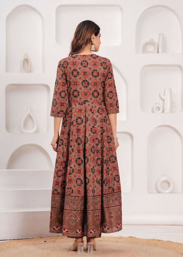 Jaimini Women Cotton Printed Round Neck Calf Length Flared Kurta Pant And Dupatta Set