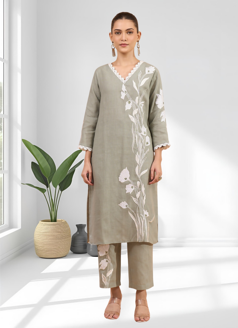 Joban Fashion Gray Linen Embroidered Readymade Long Kurta With Pant