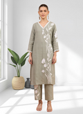 Joban Fashion Gray Linen Embroidered Readymade Long Kurta With Pant