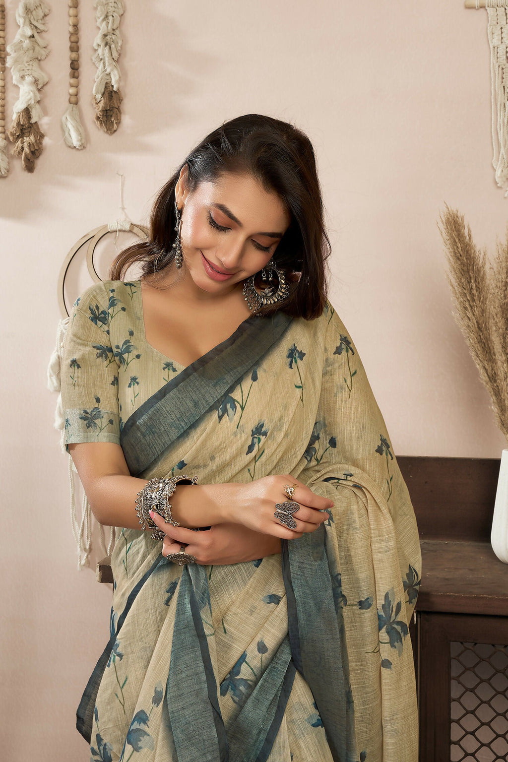 Joban Fashion Beige Floral Linen Ready To Wear Saree With Unstitched Blouse